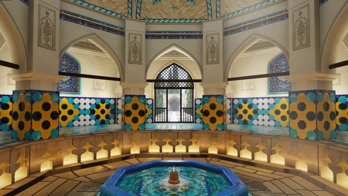 La salle octogonale du hammam : le bassin turquoise, les bancs de pierre éclairés par des niches, les piliers et les lambris de carreaux sous la coupole de brique.